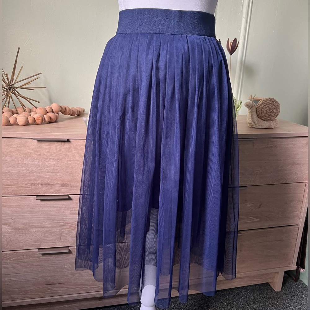 Navy Blue Modest Layered Pleated Highwaist Mesh Tutu Midi Knee-Length Skirt XS-S - Picture 9 of 16